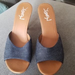 Yves Saint Laurent YSL Wood Blue Beige Mules Clogs